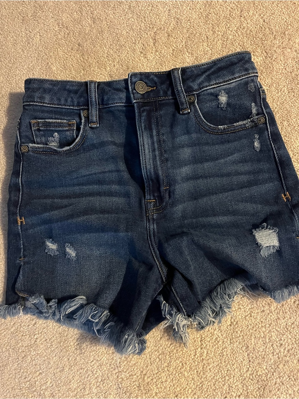 High-Rise Dark Blue Distressed Denim Shorts with Frayed Hem